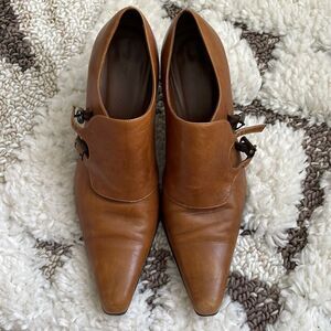 Brown Heels Bootie Womens Size 7.5 Leather Buckle Pointed Made In Italy